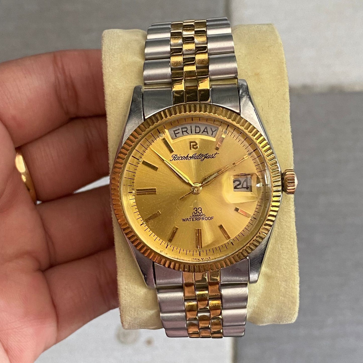 Rare Ricoh Autojust President Automatic DayDate Gold Dial Two Tone Vintage Watch