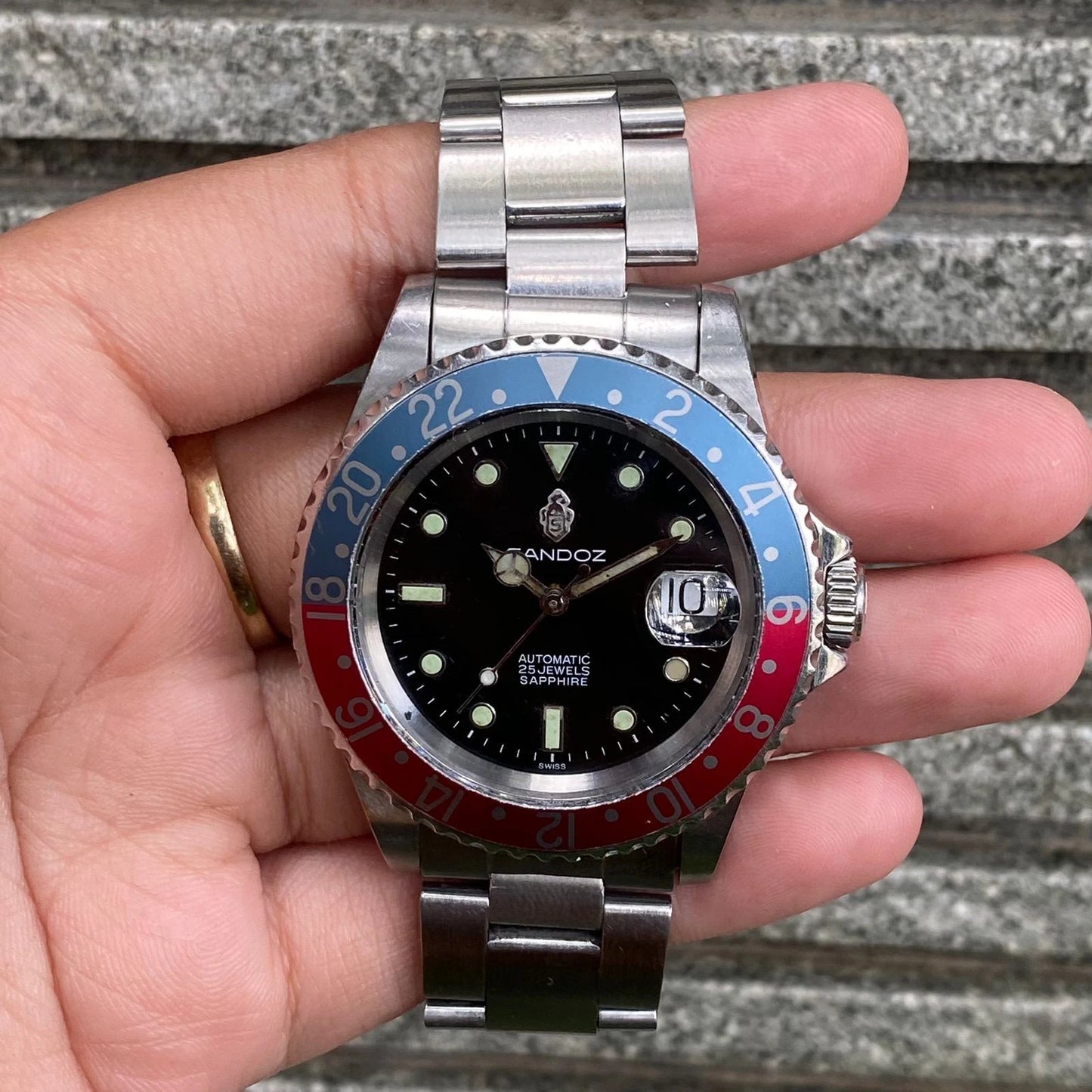 RARE Sandoz Diver Automatic Day Date Black Dial Pepsi Bezel Men Watch Diver