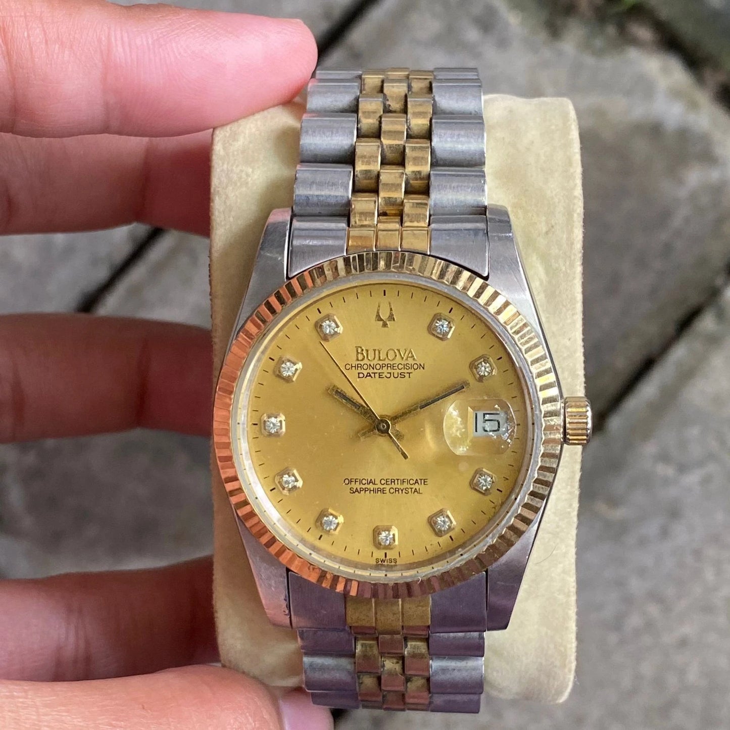Rare Bulova Chronoprecision Date Diamond Index Gold Dial Two Tone Watch Vintage