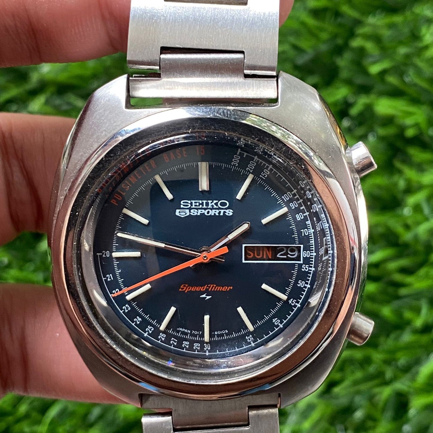 Rare Seiko 5 Speedtimer Automatic 7017-8000 Blue Dial Day Date Vintage Watch Men