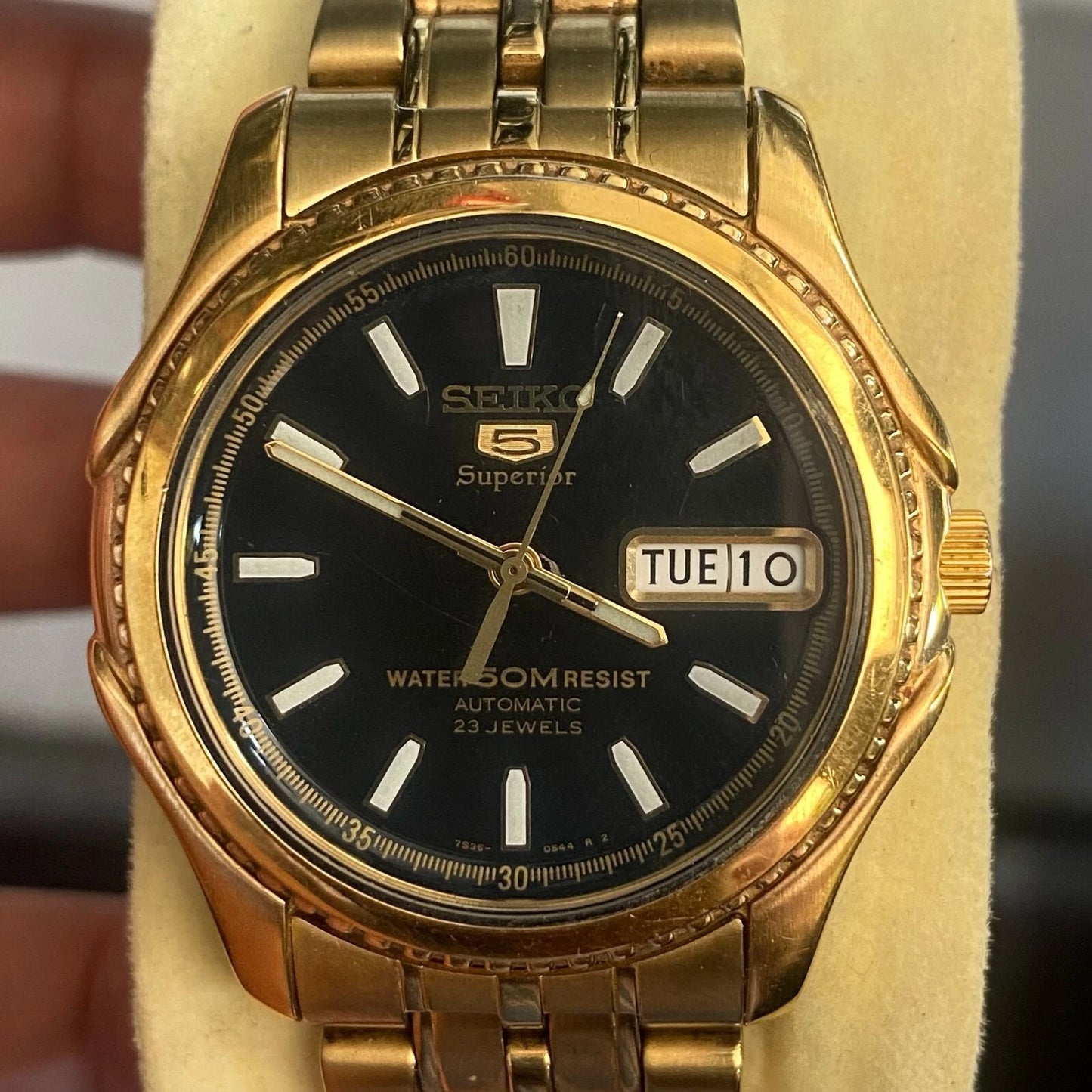 Rare Seiko 5 Superior SKZ058 Black Dial Automatic Gold Vintage Watch Men