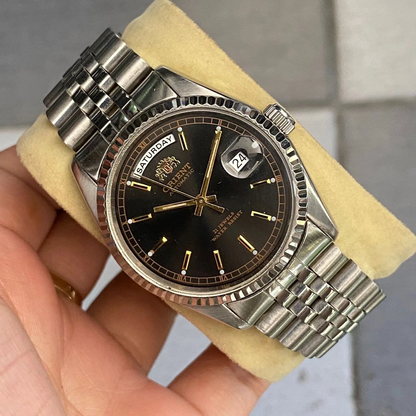 Rare Orient President Black Dial Baton Day Date Automatic 21 J Watch Vintage Men