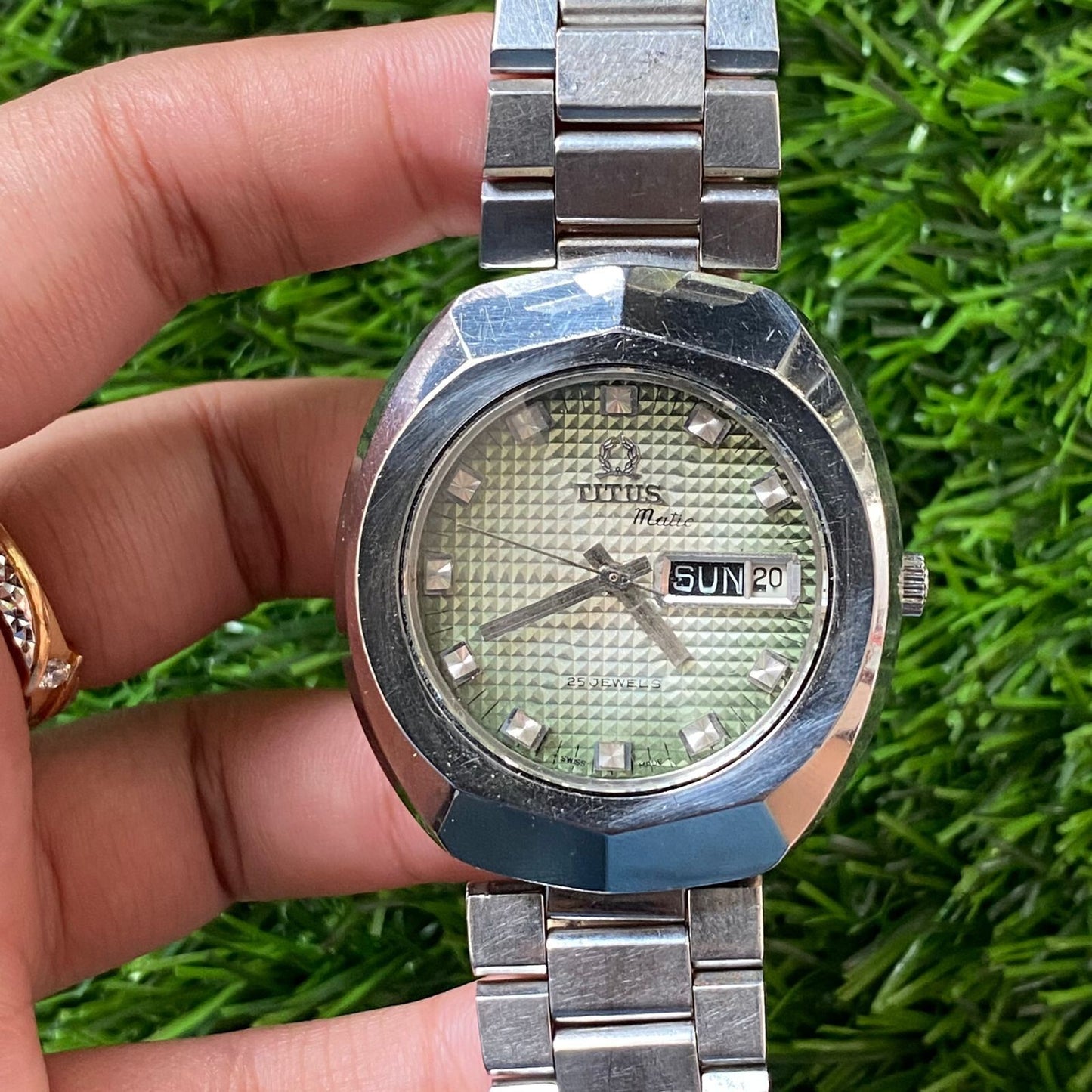 Rare Solvil et Titus Matic Green Dial Pattern Automatic Vintage Watch Men