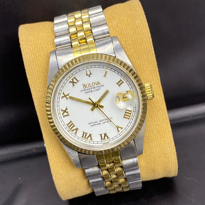 RARE Bulova Chronoprecision Date Roman Index White Dial Automatic Two Tone Swiss