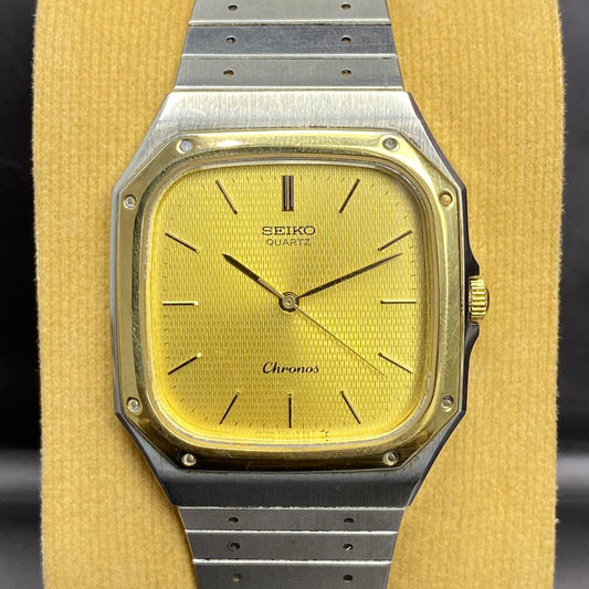 RARE Seiko Chronos Oak Style Gold Dial Silver Quartz 7731-5130 Square Watch Men