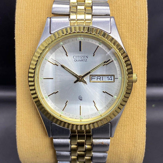 Rare Citizen Quartz Day Date Faceted Glass White Dial Two Tone JDM Watch Vintage