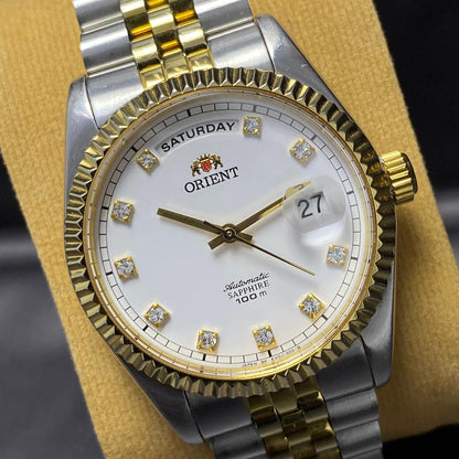 RARE Orient President Automatic EV0J-B0-B White Dial Diamond TwoTone 1990s Watch