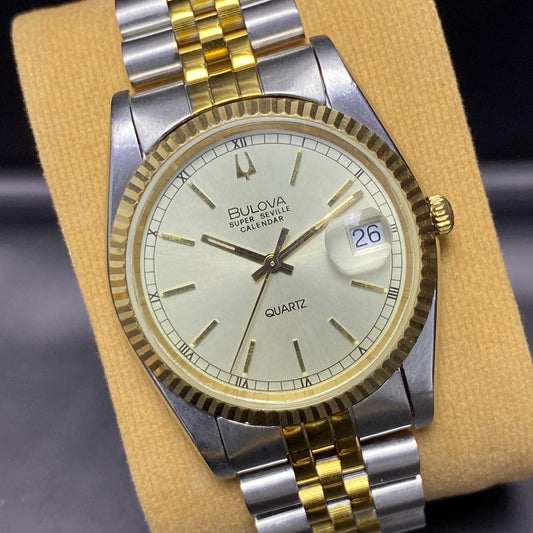 Rare Bulova Super Seville Calender Quartz Two Tone Gold Dial Vintage Watch Men
