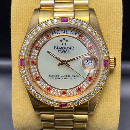 Rare Blansacar President Gold Dial Automatic 2834-8233 ETA Swiss Diamond Watch