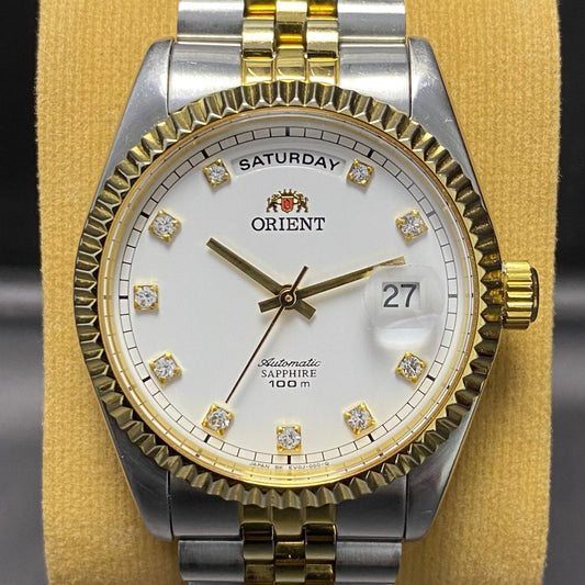 RARE Orient President Automatic EV0J-B0-B White Dial Diamond TwoTone 1990s Watch