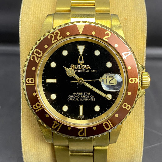 Rare Bulova Super Perpetual Date GMT Marine Star Black Dial Gold Automatic Swiss