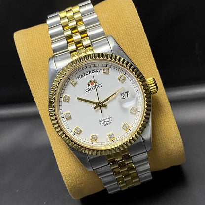 RARE Orient President Automatic EV0J-B0-B White Dial Diamond TwoTone 1990s Watch