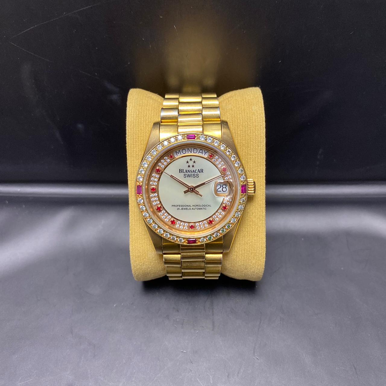 Rare Blansacar President Gold Dial Automatic 2834-8233 ETA Swiss Diamond Watch