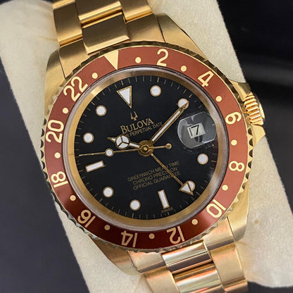 RARE Bulova Perpetual Date GMT Rootbeer Dial Automatic Gold 1990's Vintage Watch