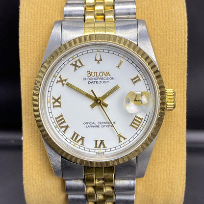 RARE Bulova Chronoprecision Date Roman Index White Dial Automatic Two Tone Swiss