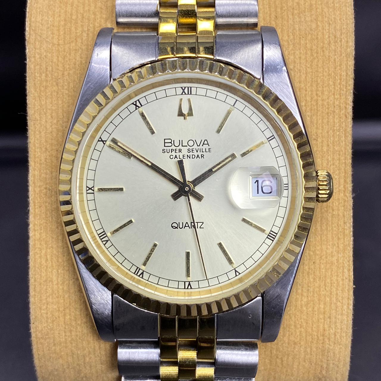 Rare Bulova Super Seville Calender Quartz Two Tone Gold Dial Vintage Watch Men