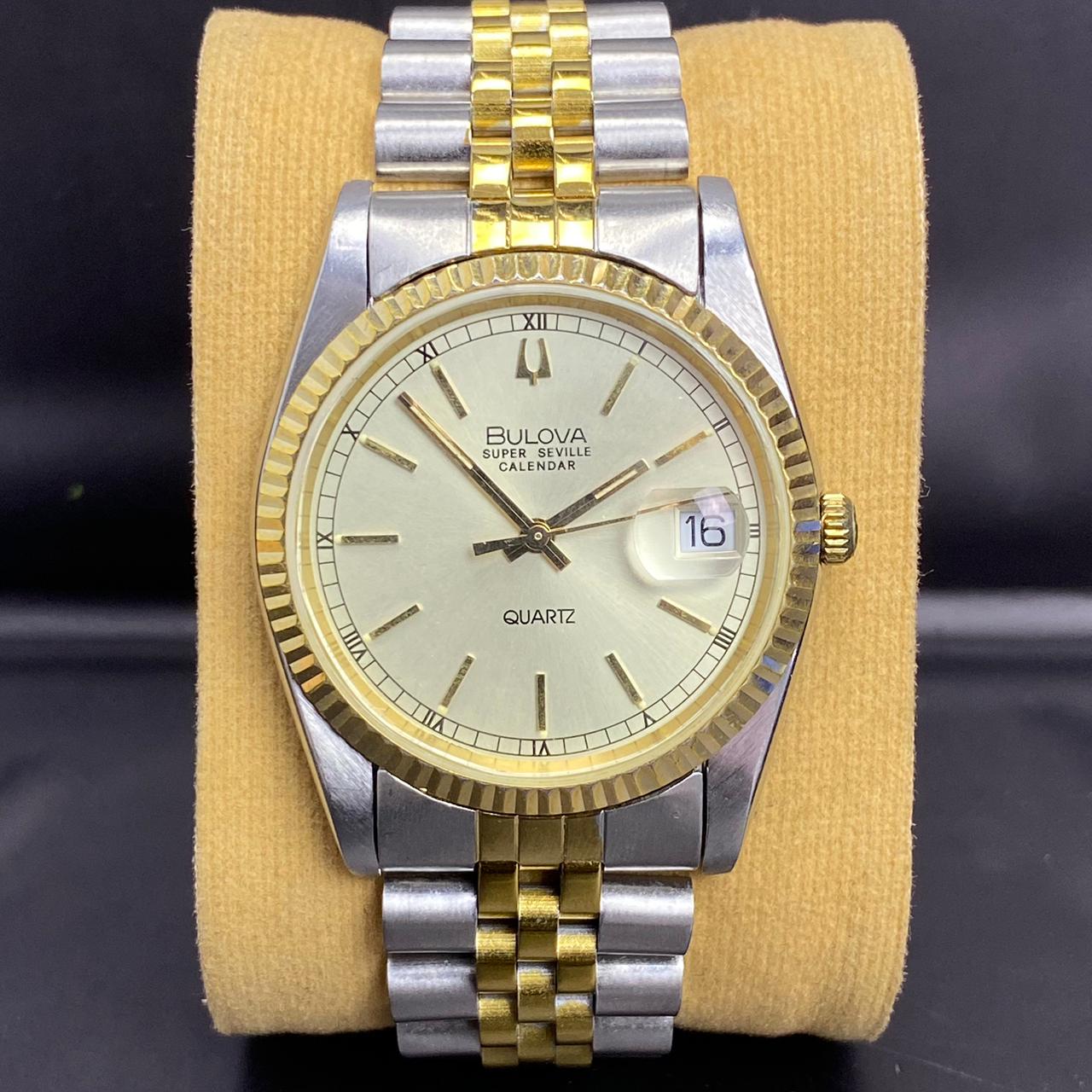 Rare Bulova Super Seville Calender Quartz Two Tone Gold Dial Vintage Watch Men