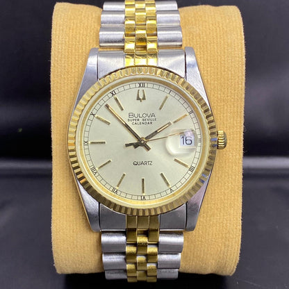 Rare Bulova Super Seville Calender Quartz Two Tone Gold Dial Vintage Watch Men