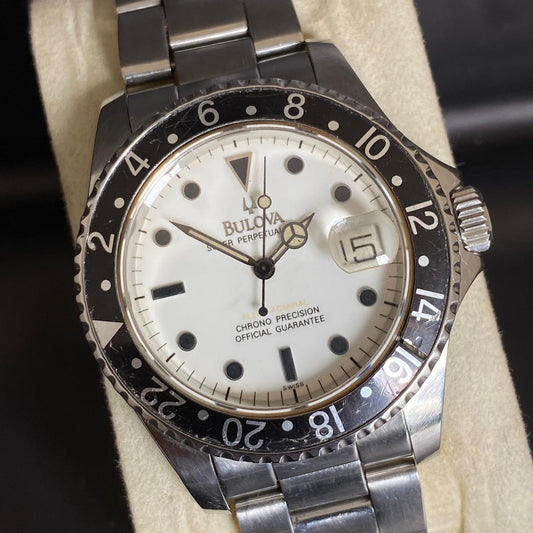 Rare Bulova Super Perpetual Date Automatic White Dial Black 1990s Swiss Watch