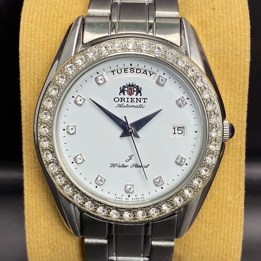 RARE Orient President Automatic EV06-C0 Index Diamond Bezel White Dial Watch Men