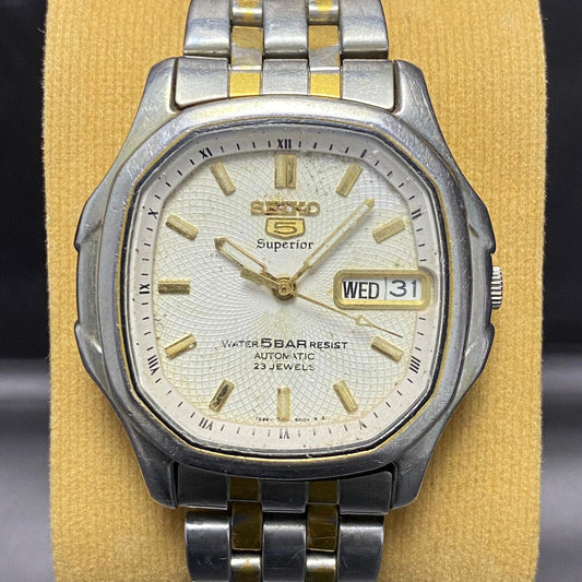 Rare Seiko Superior Square Automatic 7S36-500 Whirlpool White Dial Two Tone Men