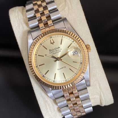RARE Bulova Super Seville President Day Date Diamond Index Two Tone Watch Men