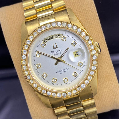 RARE Bulova President Day Date Gold Dial Diamond Bezel Quartz 93191 Watch Men