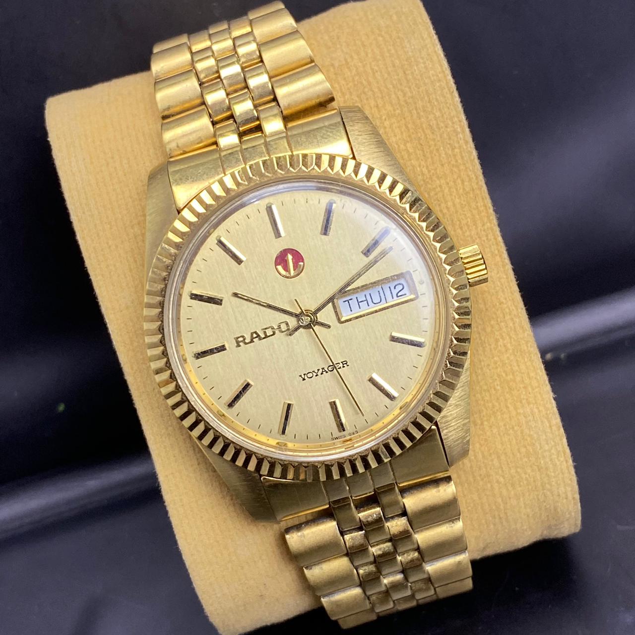 RARE Rado Voyager Automatic ETA Swiss Watch Day Date Full Gold 90s Vintage Men