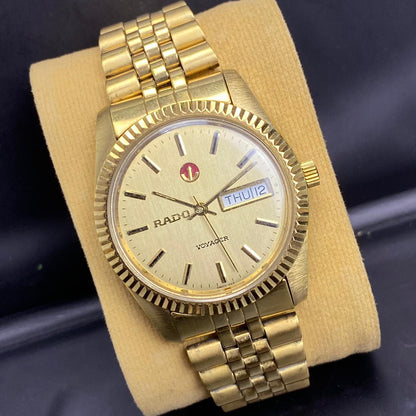 RARE Rado Voyager Automatic ETA Swiss Watch Day Date Full Gold 90s Vintage Men