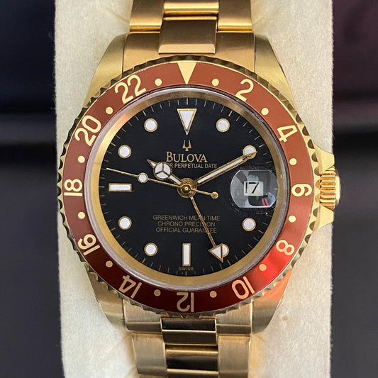RARE Bulova Perpetual Date GMT Rootbeer Dial Automatic Gold 1990's Vintage Watch