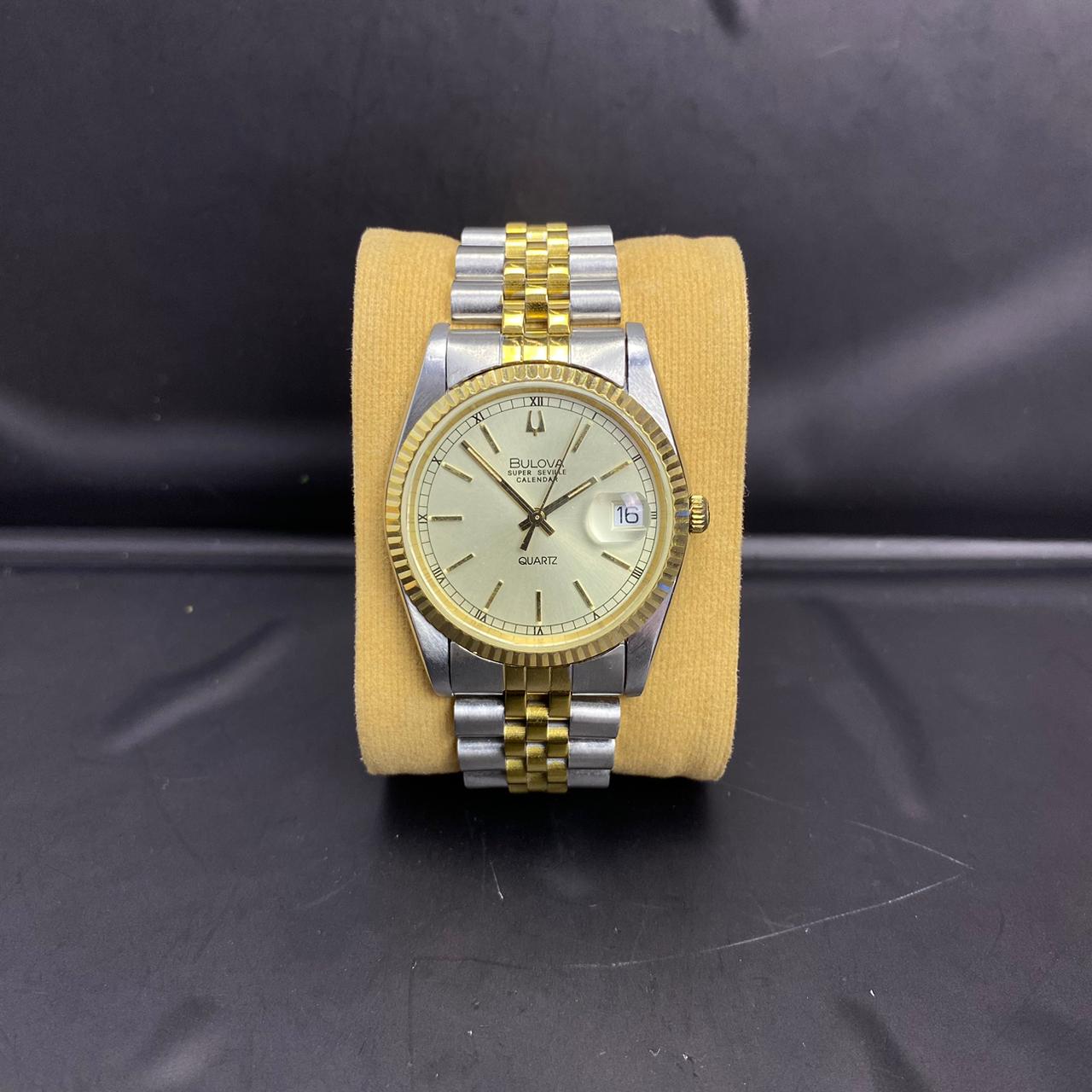 Rare Bulova Super Seville Calender Quartz Two Tone Gold Dial Vintage Watch Men