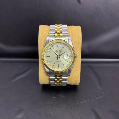 Rare Bulova Super Seville Calender Quartz Two Tone Gold Dial Vintage Watch Men