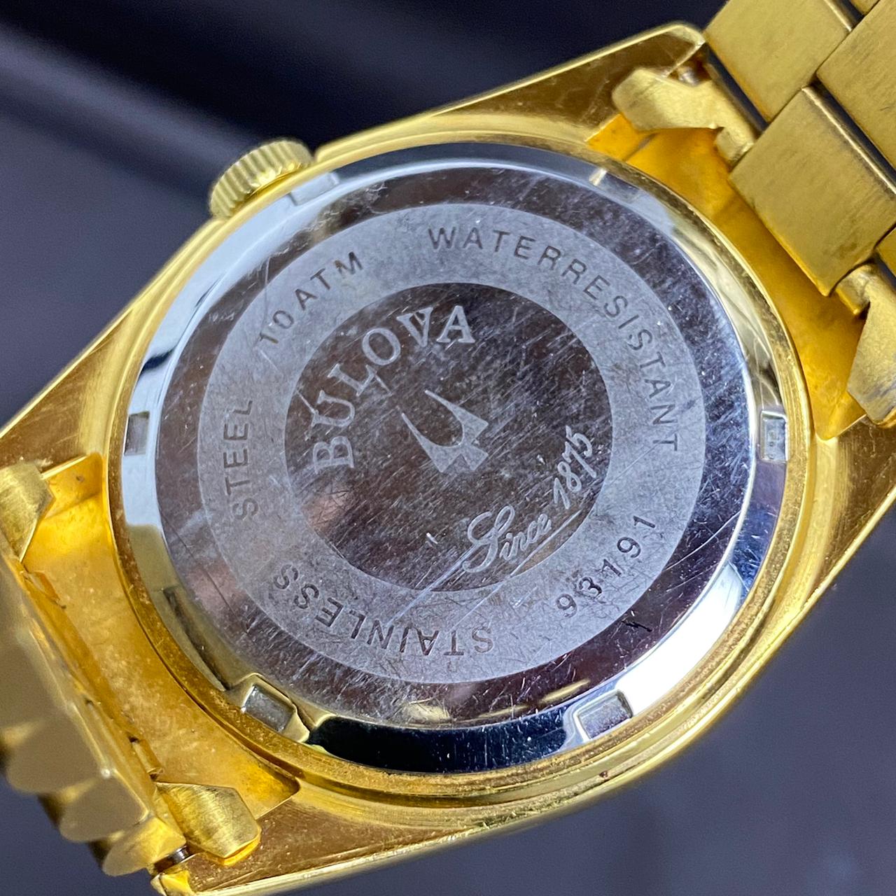 RARE Bulova President Day Date Gold Dial Diamond Bezel Quartz 93191 Watch Men