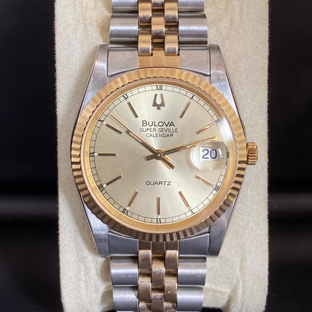 Rare Bulova Super Seville Calender Quartz Two Tone Gold Dial Vintage Watch Men