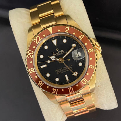 RARE Bulova Perpetual Date GMT Rootbeer Dial Automatic Gold 1990's Vintage Watch