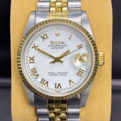 RARE Bulova Chronoprecision Date Roman Index White Dial Automatic Two Tone Swiss