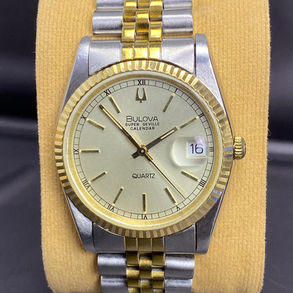 Rare Bulova Super Seville Calender Quartz Two Tone Gold Dial Vintage Watch Men