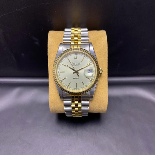 Rare Bulova Super Seville Calender Quartz Two Tone Gold Dial Vintage Watch Men