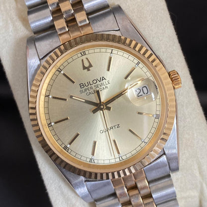 Rare Bulova Super Seville Calender Quartz Two Tone Gold Dial Vintage Watch Men