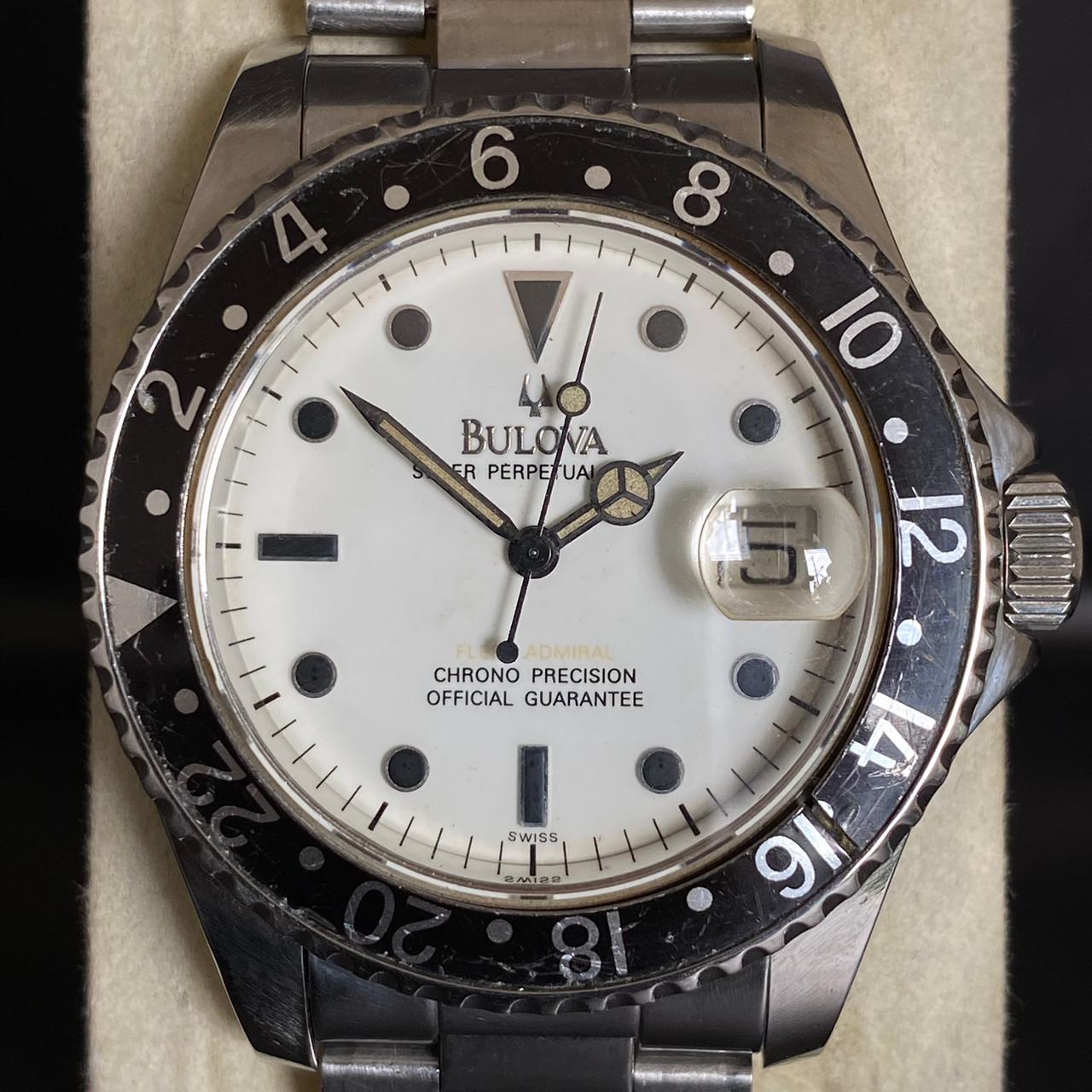 Rare Bulova Super Perpetual Date Automatic White Dial Black 1990s Swiss Watch