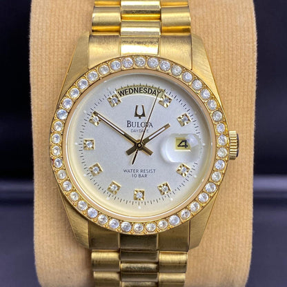 RARE Bulova President Day Date Gold Dial Diamond Bezel Quartz 93191 Watch Men