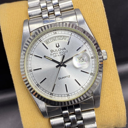 RARE Bulova President Super Seville DayDate Silver Dial Quartz Baton Swiss Watch