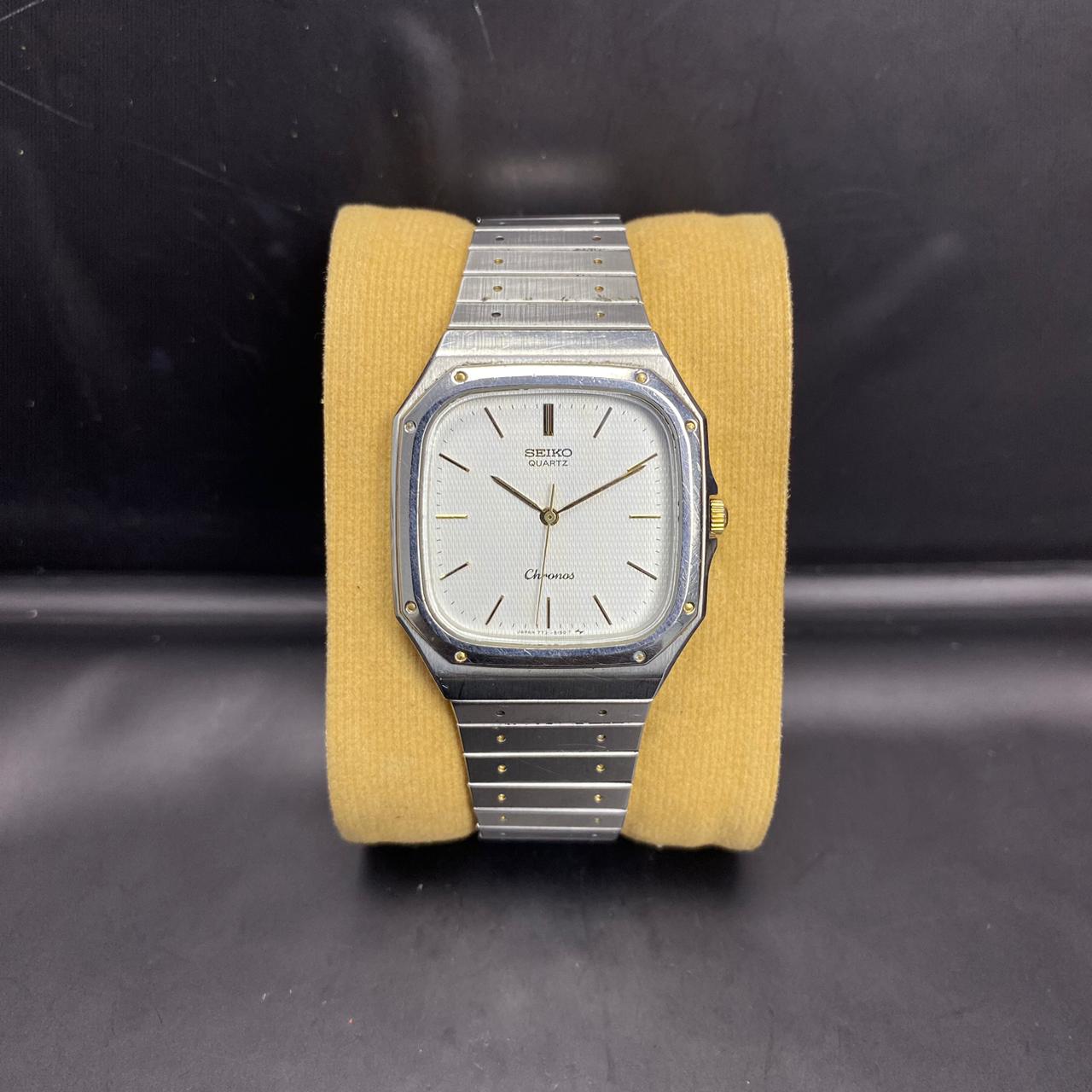 Rare Seiko Chronos Quartz 7731-5130 Square Silver Oak Style 1985s Vintage Watch