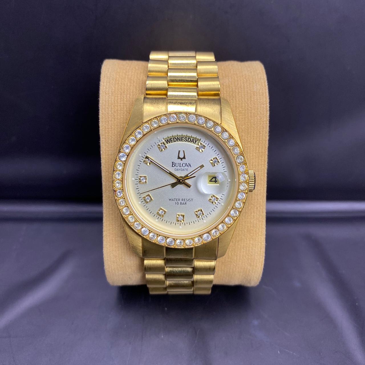 RARE Bulova President Day Date Gold Dial Diamond Bezel Quartz 93191 Watch Men