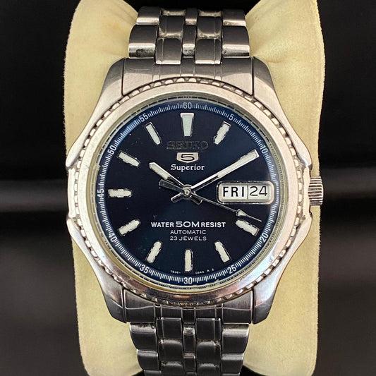 Rare Seiko Superior SKZ049 Automatic 7S36 Blue Sunburst Dial 70's Vintage Watch
