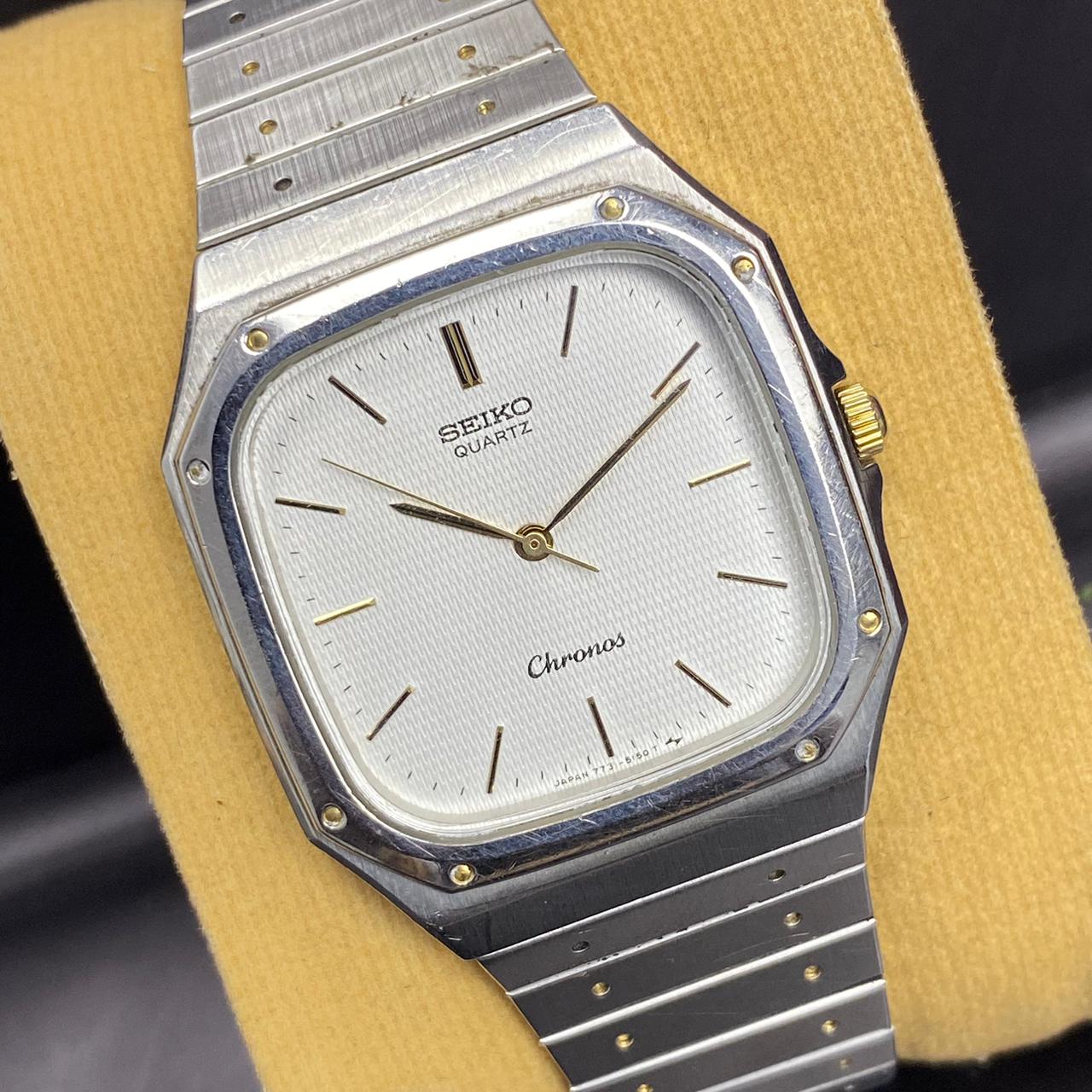 Rare Seiko Chronos Quartz 7731-5130 Square Silver Oak Style 1985s Vintage Watch