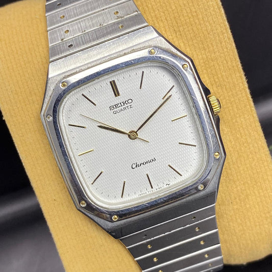 Rare Seiko Chronos Quartz 7731-5130 Square Silver Oak Style 1985s Vintage Watch