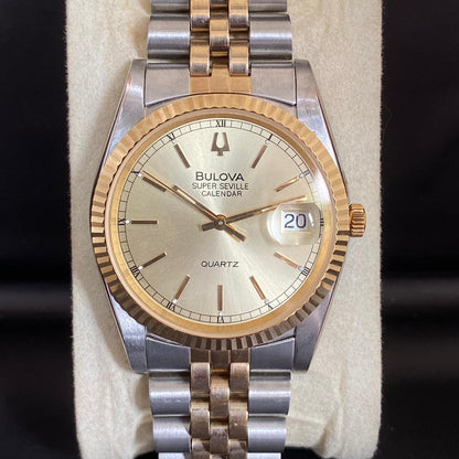 Rare Bulova Super Seville Calender Quartz Two Tone Gold Dial Vintage Watch Men