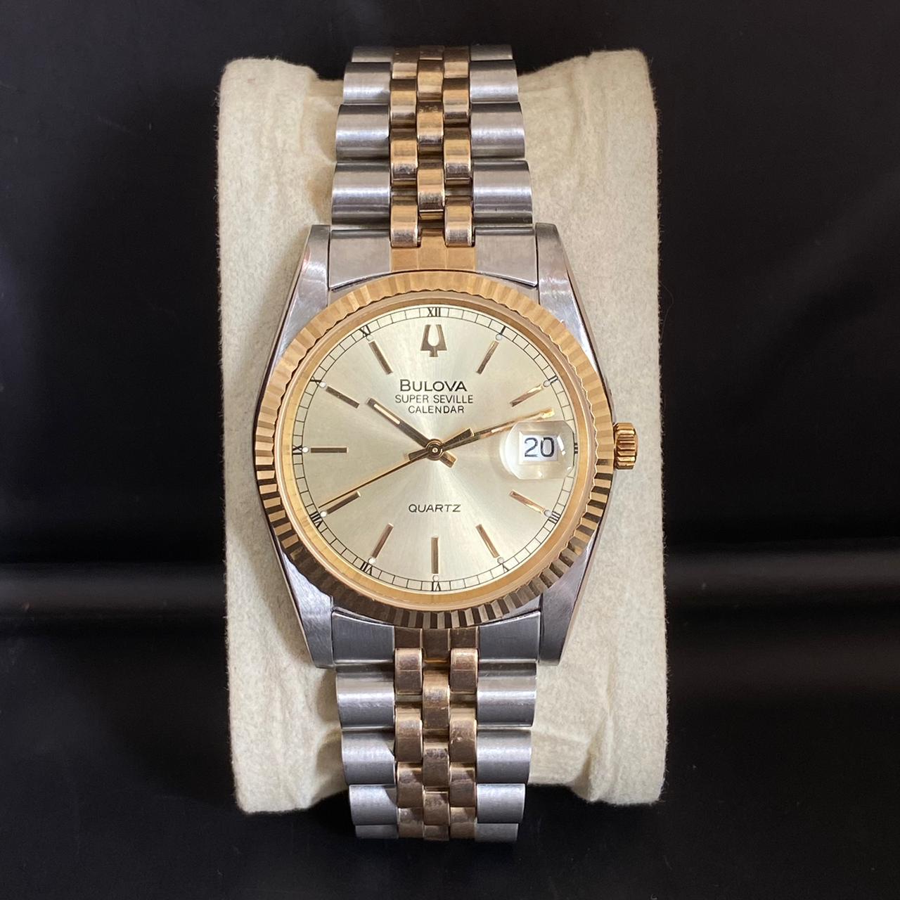 Rare Bulova Super Seville Calender Quartz Two Tone Gold Dial Vintage Watch Men