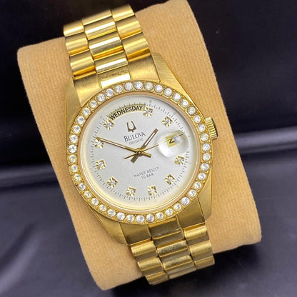 RARE Bulova President Day Date Gold Dial Diamond Bezel Quartz 93191 Watch Men